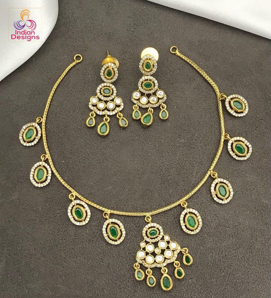 Indian choker necklace set| gold plated ad stone ruby emerald oval drop jewelry| traditional festive & wedding wear jewelry| gift for her