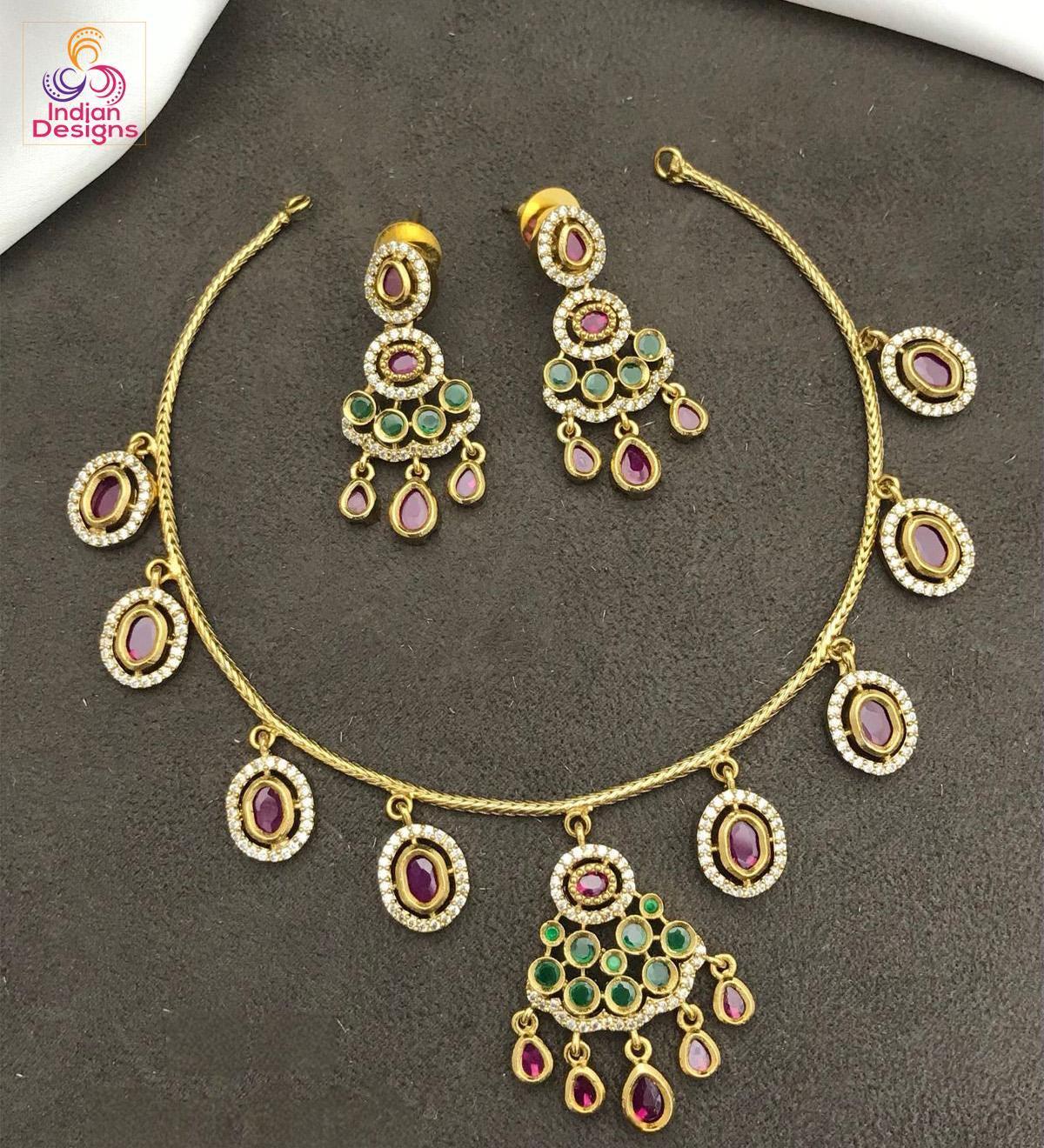 Indian choker necklace set| gold plated ad stone ruby emerald oval drop jewelry| traditional festive & wedding wear jewelry| gift for her
