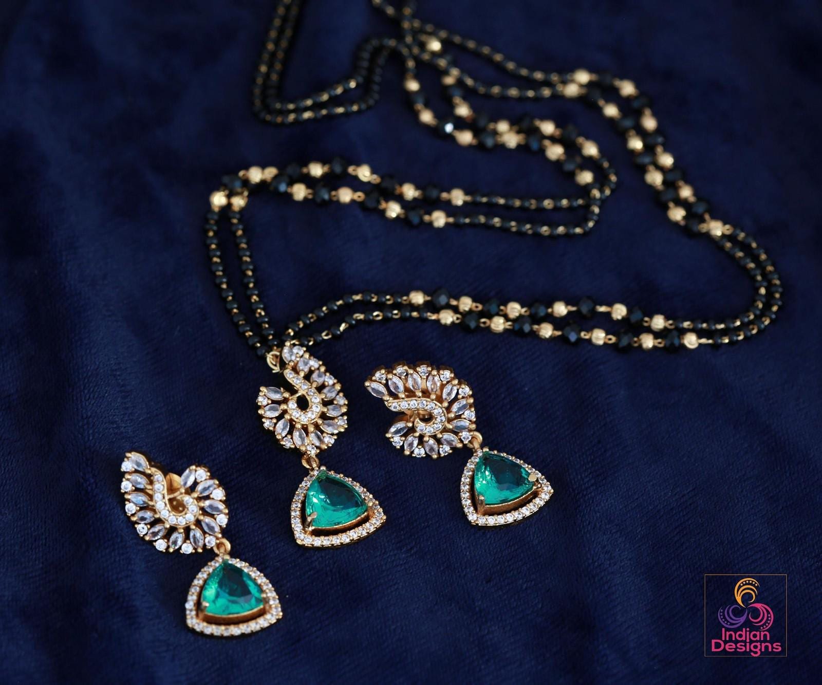 Minimalist Black Beaded Necklace Set| Gold Plated Multi-Color Stone Pendant & Earrings| Modern Traditional Indian Jewelry| Gift for her