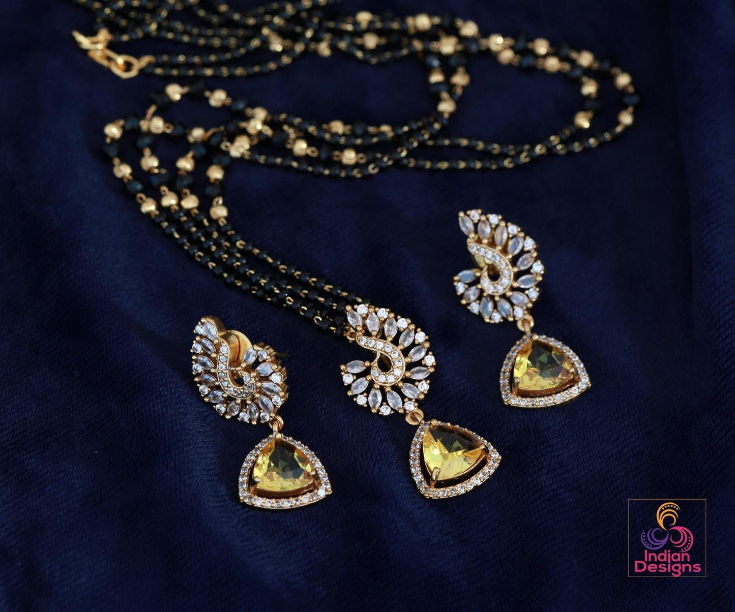 Minimalist Black Beaded Necklace Set| Gold Plated Multi-Color Stone Pendant & Earrings| Modern Traditional Indian Jewelry| Gift for her