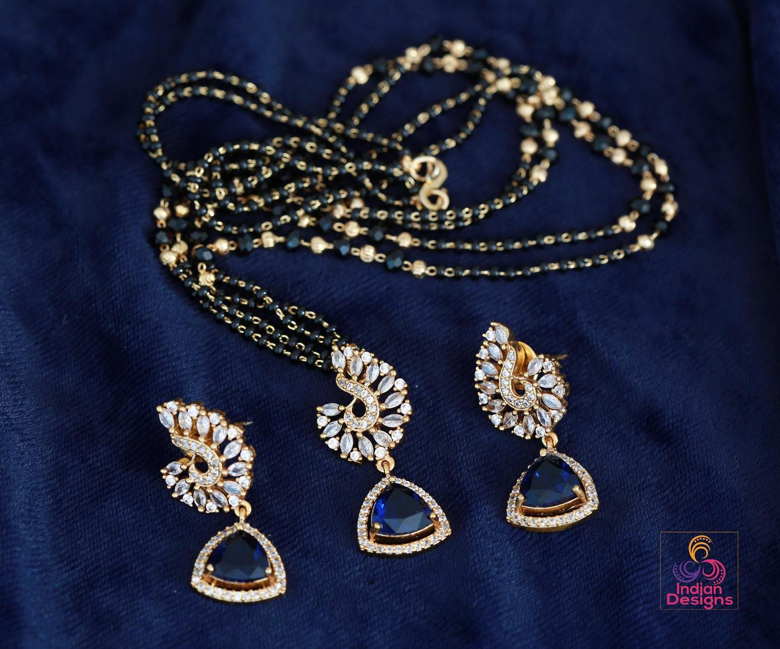 Minimalist Black Beaded Necklace Set| Gold Plated Multi-Color Stone Pendant & Earrings| Modern Traditional Indian Jewelry| Gift for her