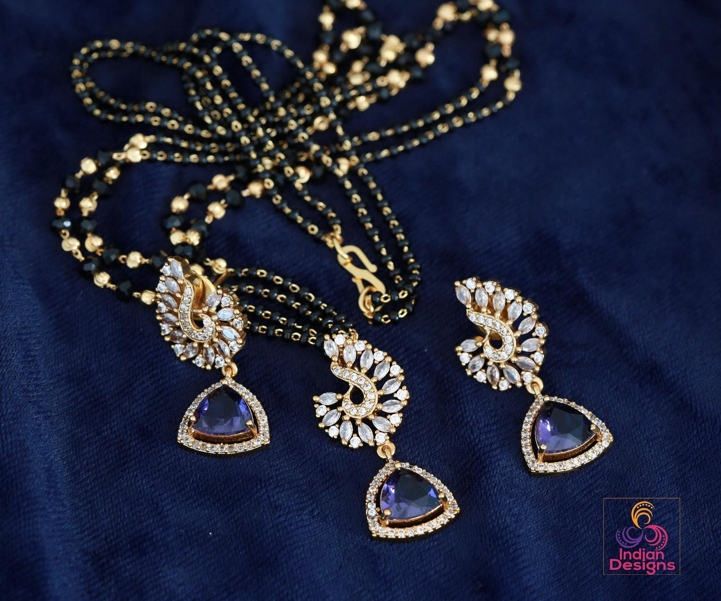 Minimalist Black Beaded Necklace Set| Gold Plated Multi-Color Stone Pendant & Earrings| Modern Traditional Indian Jewelry| Gift for her