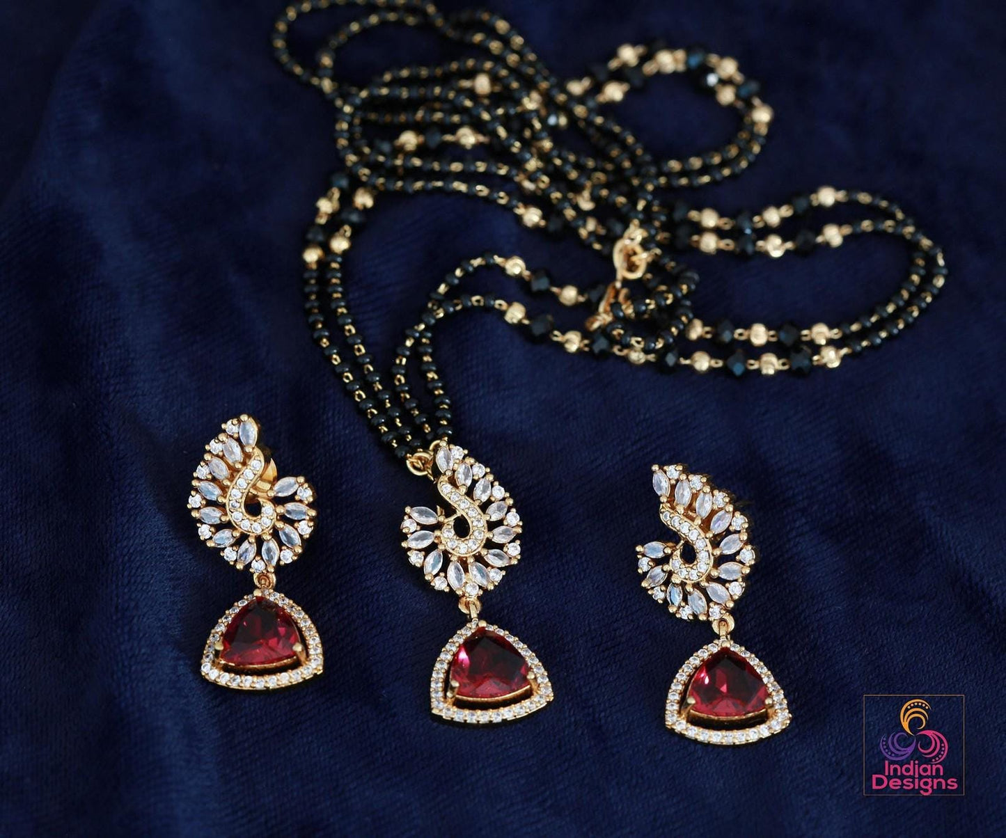 Minimalist Black Beaded Necklace Set| Gold Plated Multi-Color Stone Pendant & Earrings| Modern Traditional Indian Jewelry| Gift for her