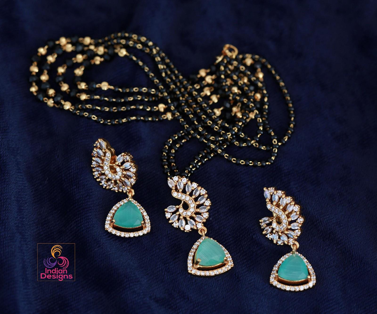 Minimalist Black Beaded Necklace Set| Gold Plated Multi-Color Stone Pendant & Earrings| Modern Traditional Indian Jewelry| Gift for her