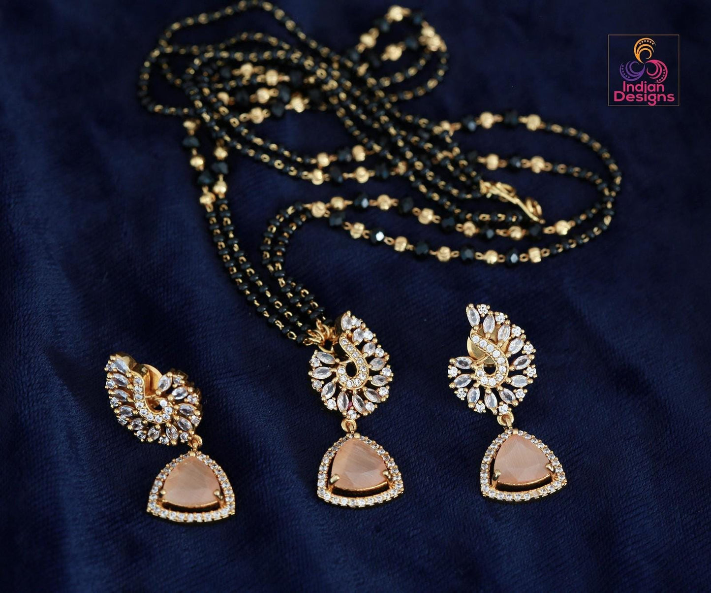 Minimalist Black Beaded Necklace Set| Gold Plated Multi-Color Stone Pendant & Earrings| Modern Traditional Indian Jewelry| Gift for her