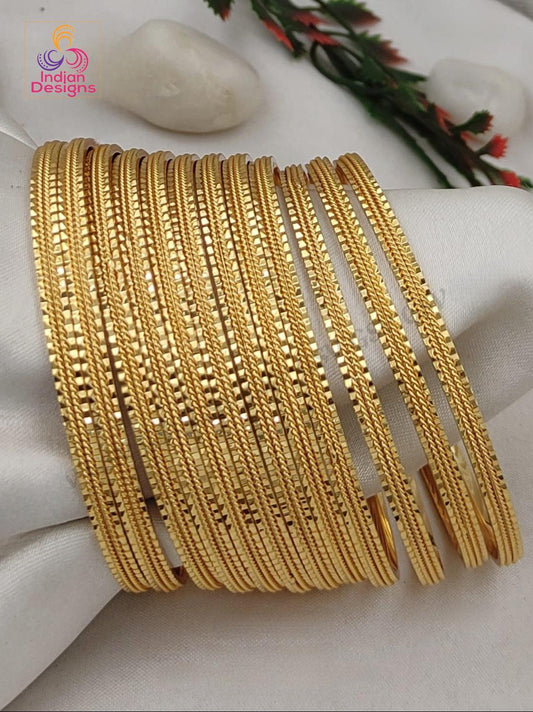Gold-Plated Daily wear Bangle Bracelets set of 12| Traditional Indian Jewelry Wedding bangle set| Light weight thin Bangle set| Gift for her