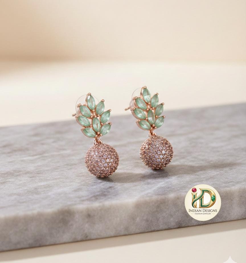 Rose Gold Micro Pavé Ball Drop Earrings| Sparkling CZ Marquise Leaf Dangle Earrings| Elegant Rose Gold Earrings for Weddings| Gift for her