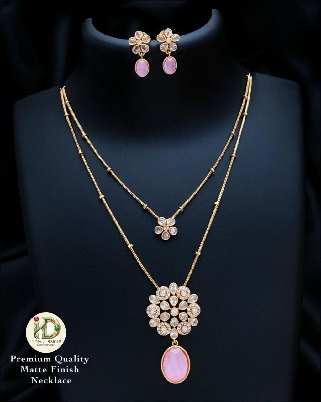 Matte Gold AD stone Double Layered Necklace Set| Indian Jewelry Set| Double Chain Floral Pendant Necklace| gift for her