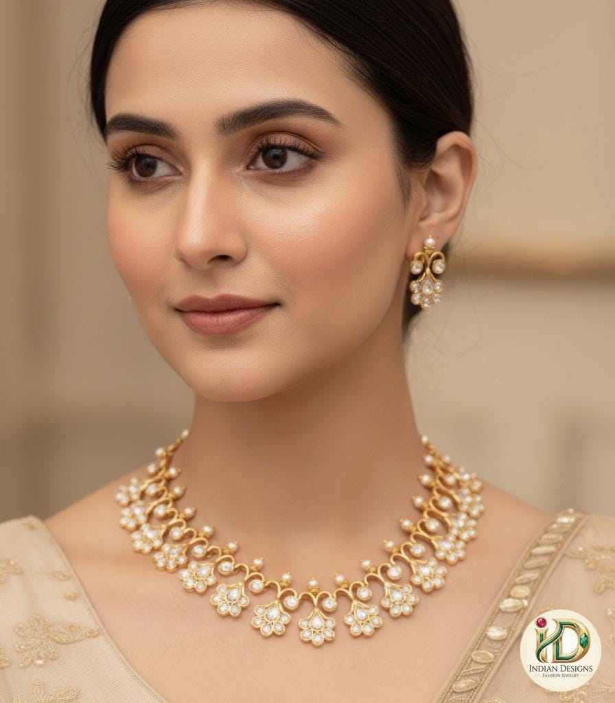 Antique Gold Jadau Kundan Choker Necklace Set with Earrings| Ruby Pink/White & Emerald Stones Gold Plated Floral Bridal Jewelry|gift for her