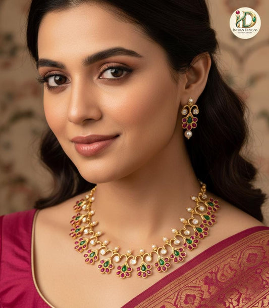 Antique Gold Jadau Kundan Choker Necklace Set with Earrings| Ruby Pink/White & Emerald Stones Gold Plated Floral Bridal Jewelry|gift for her