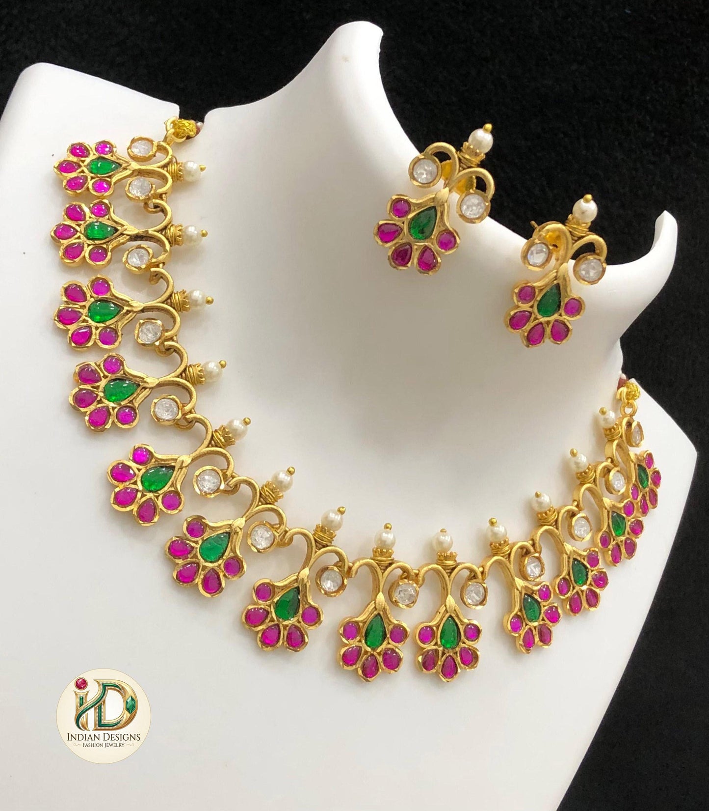 Antique Gold Jadau Kundan Choker Necklace Set with Earrings| Ruby Pink/White & Emerald Stones Gold Plated Floral Bridal Jewelry|gift for her