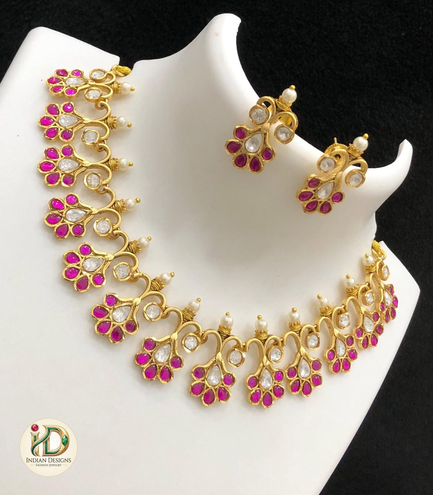 Antique Gold Jadau Kundan Choker Necklace Set with Earrings| Ruby Pink/White & Emerald Stones Gold Plated Floral Bridal Jewelry|gift for her