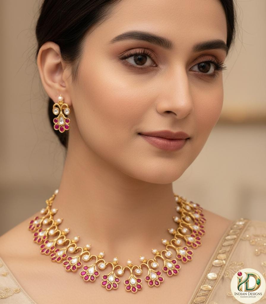 Antique Gold Jadau Kundan Choker Necklace Set with Earrings| Ruby Pink/White & Emerald Stones Gold Plated Floral Bridal Jewelry|gift for her