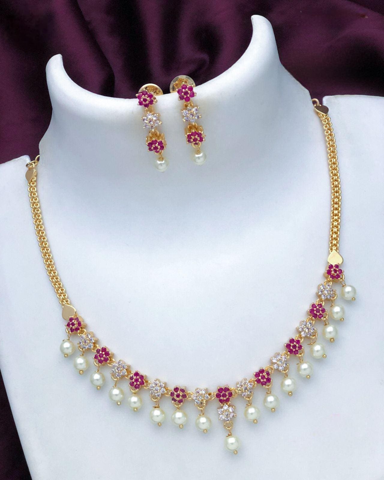 American Diamond Multi-color stone necklace and earring set| Gold plated floral design simple necklace| Bollywood Style CZ Set| Gift for her
