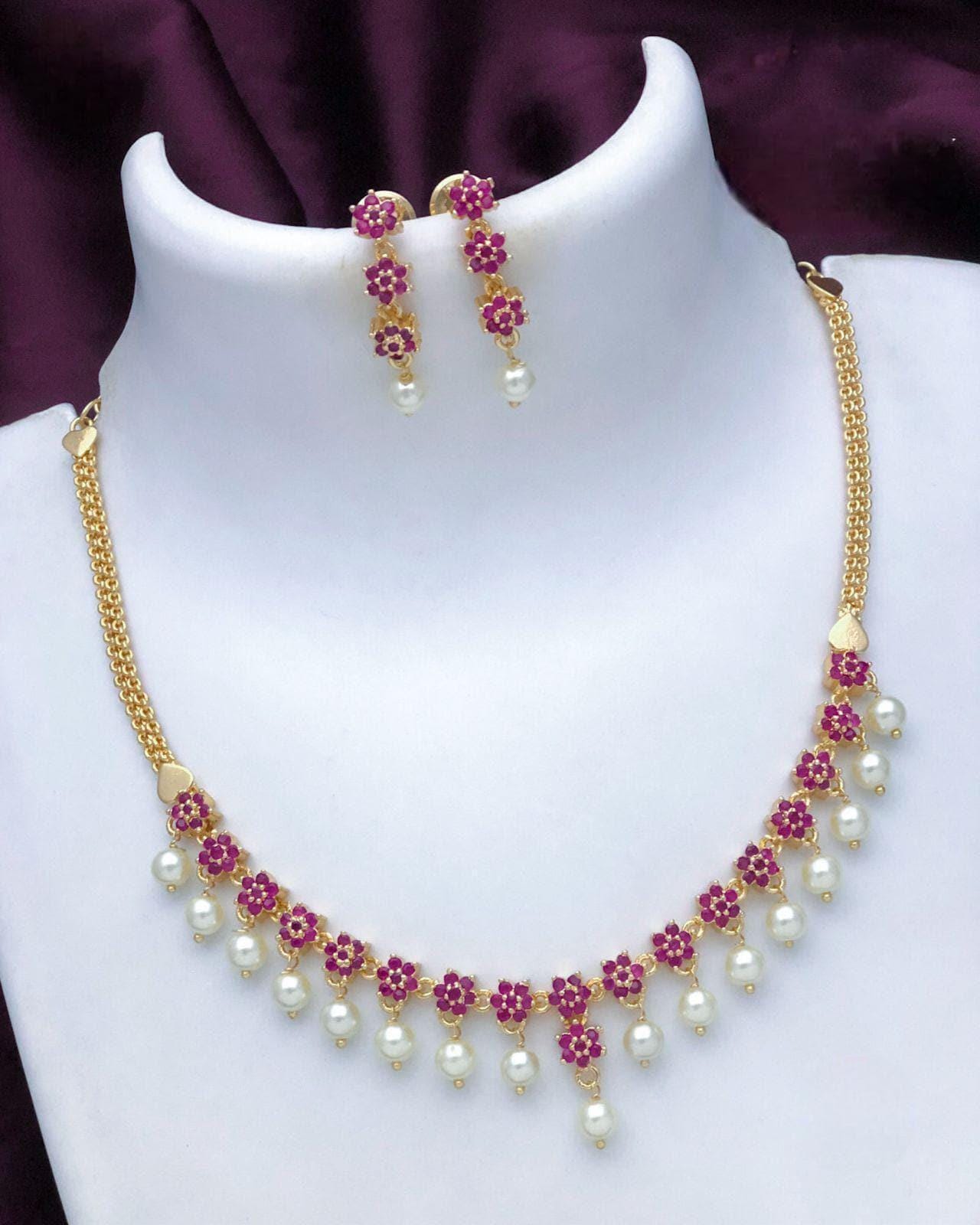 American Diamond Multi-color stone necklace and earring set| Gold plated floral design simple necklace| Bollywood Style CZ Set| Gift for her