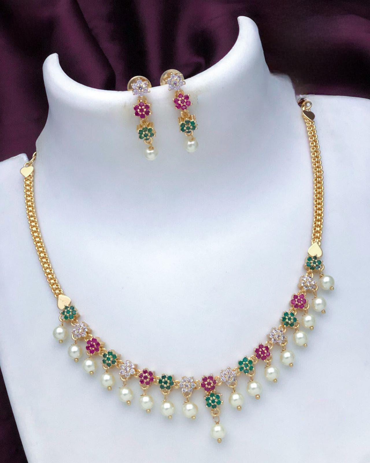 American Diamond Multi-color stone necklace and earring set| Gold plated floral design simple necklace| Bollywood Style CZ Set| Gift for her