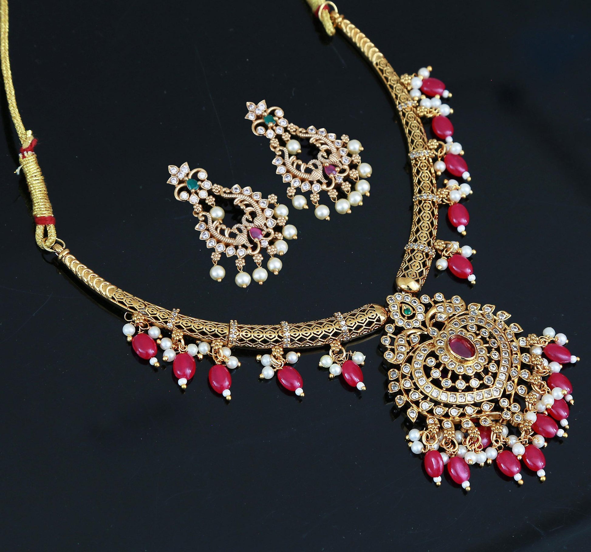 Antique Gold Ruby & Green necklace Earrings Set| Traditional AD Stone Choker| South Indian Wedding Party wear jewelry Set | Gift for her