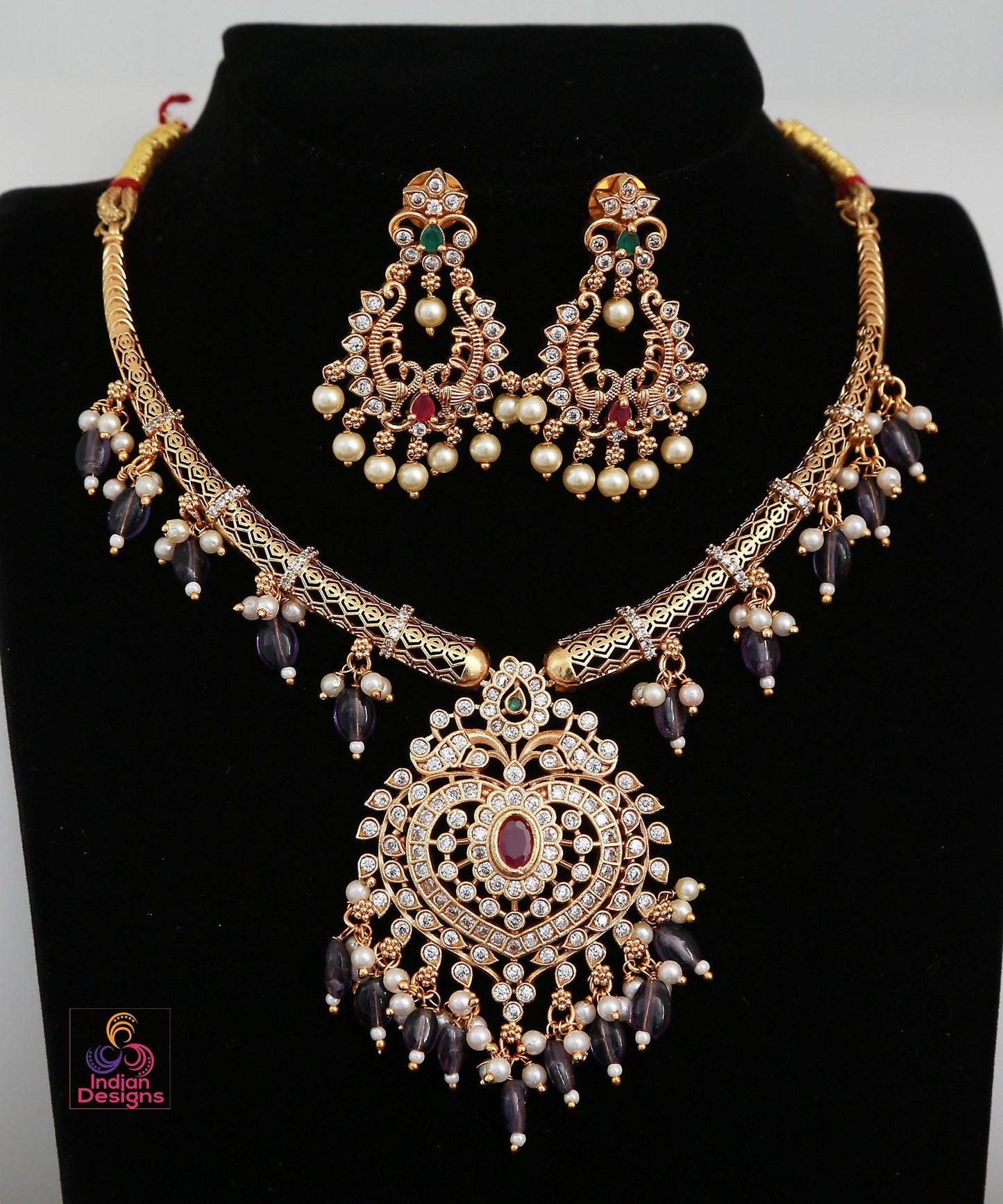 Antique Gold Ruby & Green necklace Earrings Set| Traditional AD Stone Choker| South Indian Wedding Party wear jewelry Set | Gift for her