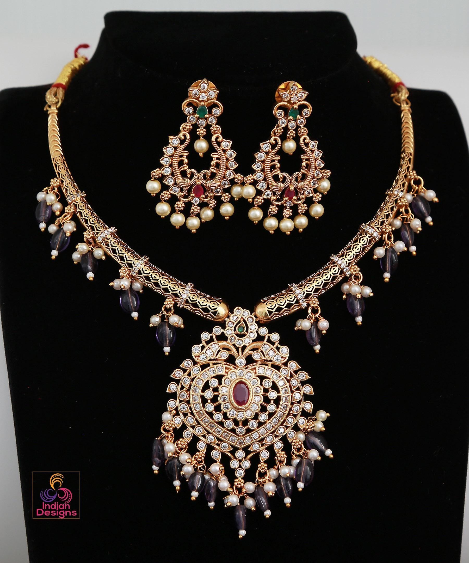 Antique Gold Ruby & Green necklace Earrings Set| Traditional AD Stone Choker| South Indian Wedding Party wear jewelry Set | Gift for her