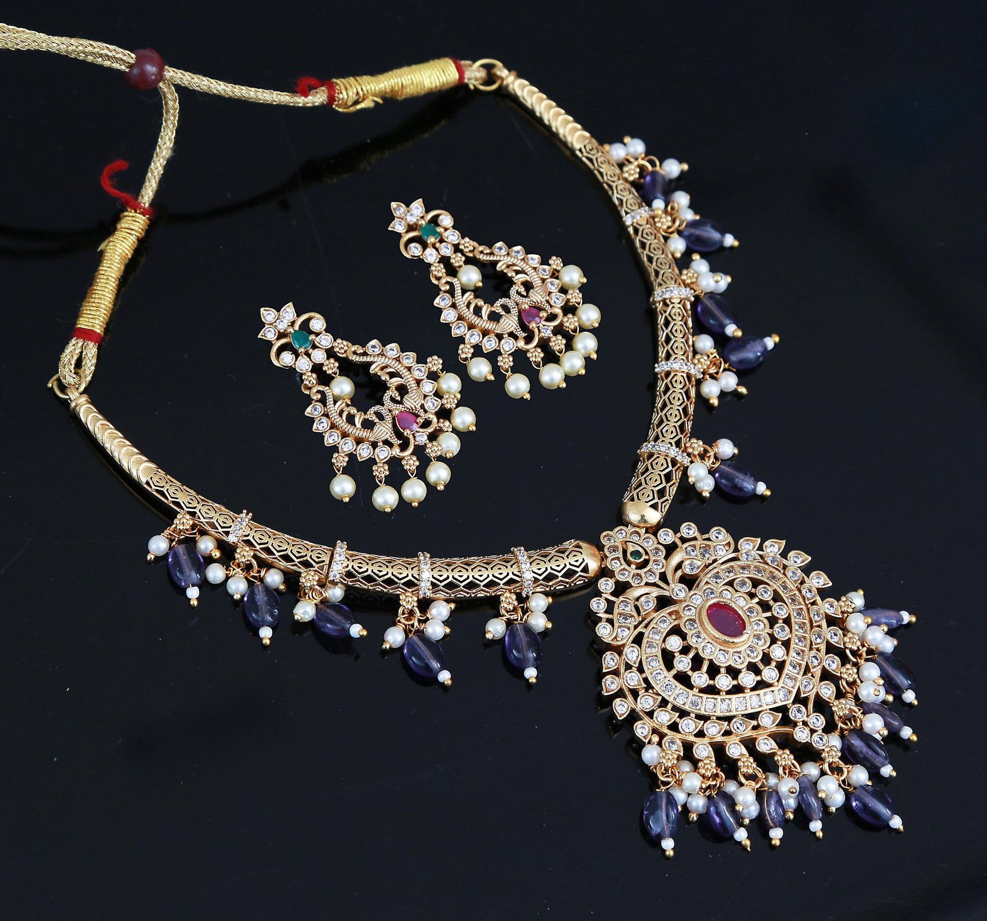 Antique Gold Ruby & Green necklace Earrings Set| Traditional AD Stone Choker| South Indian Wedding Party wear jewelry Set | Gift for her