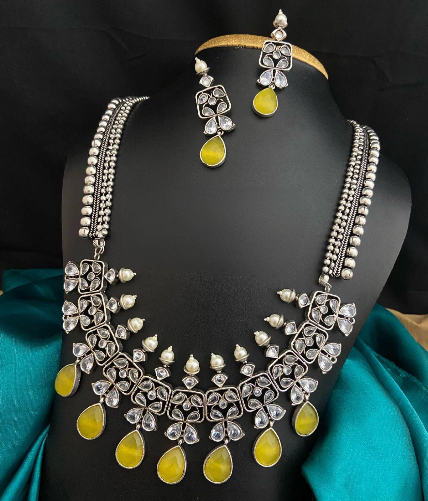 Premium Quality German Silver Long Necklace set | Indian Wedding Jewelry | Indian Bollywood Style Fashion Wedding Silver Plated Necklace Ear