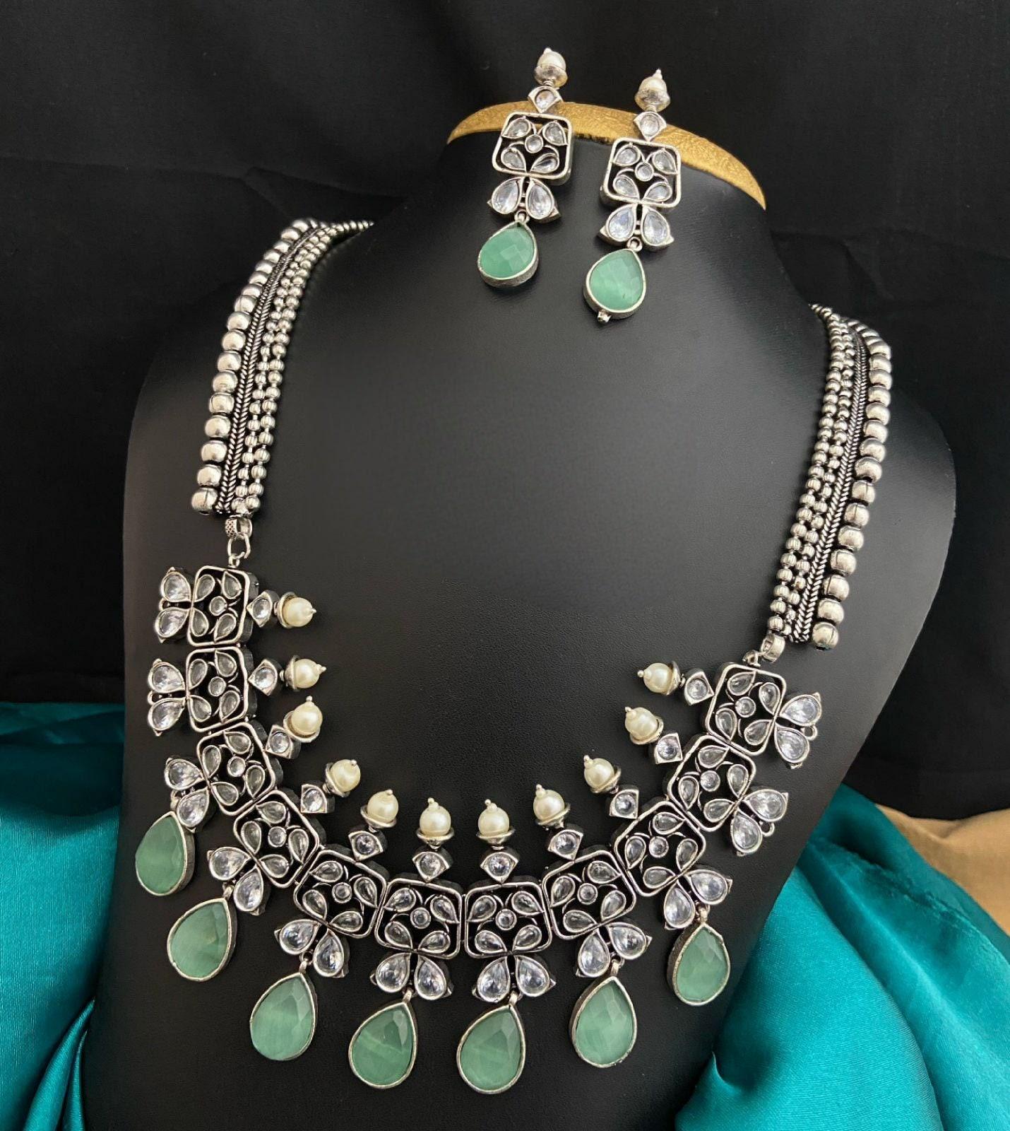 Premium Quality German Silver Long Necklace set | Indian Wedding Jewelry | Indian Bollywood Style Fashion Wedding Silver Plated Necklace Ear