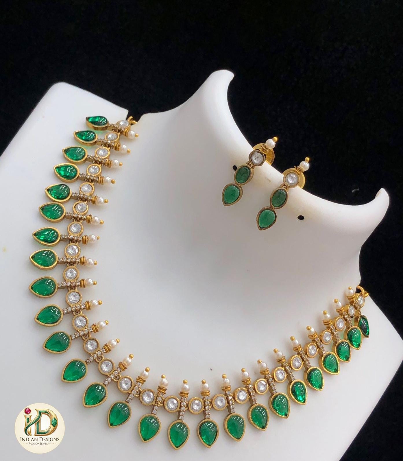 Indian AD Choker Necklace Set| Matte Gold Teardrop Bridal Jewelry| Kundan CZ Wedding Necklace| Desi Bridal Set USA| Party wear jewelry