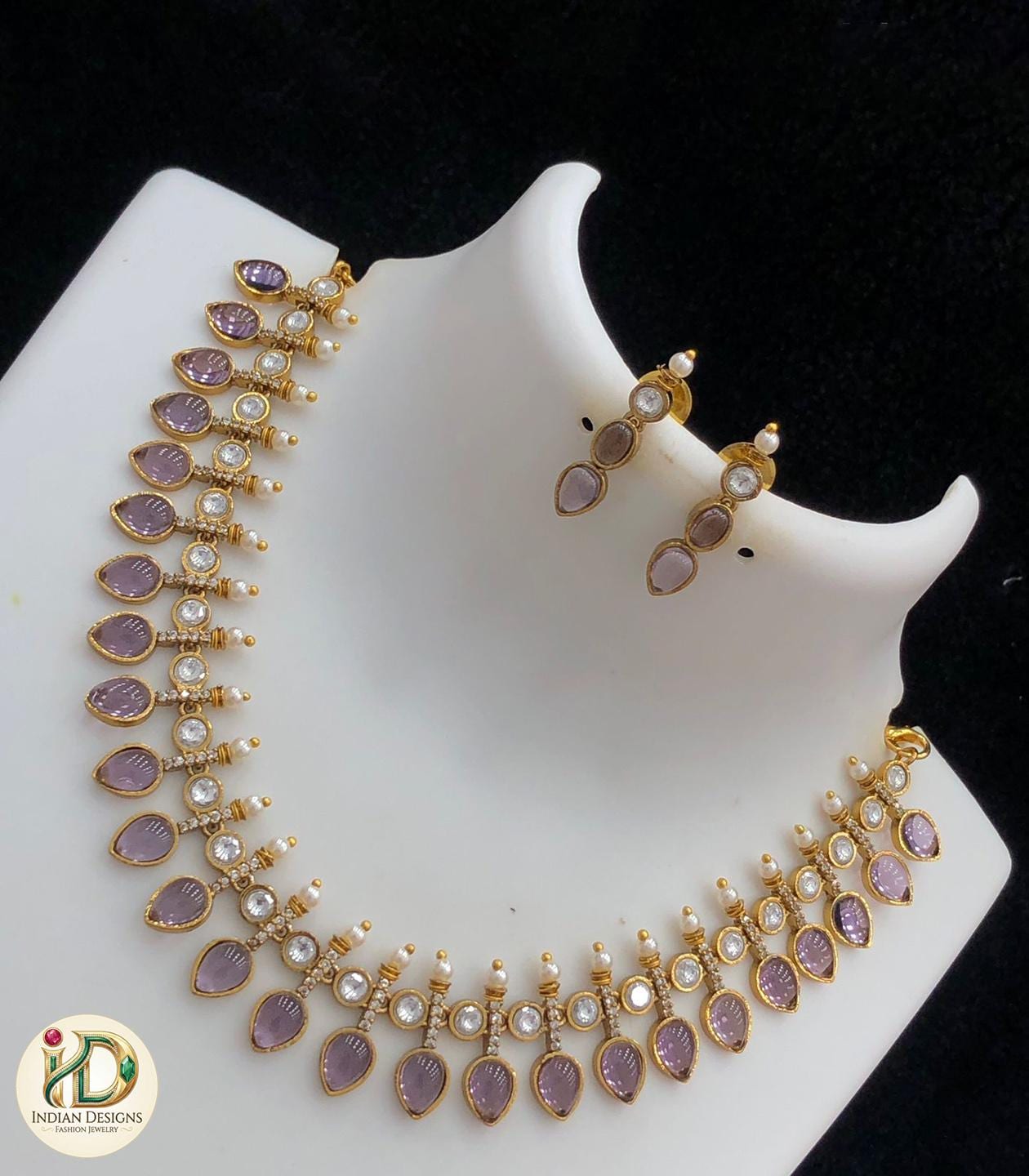 Indian AD Choker Necklace Set| Matte Gold Teardrop Bridal Jewelry| Kundan CZ Wedding Necklace| Desi Bridal Set USA| Party wear jewelry