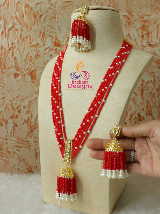 Pink Beads Long Jhumka Necklace |Multi stranded Rani Haar Indian Bollywood Necklace and jhumka Earrings |Wedding party Jewelry |gift for her