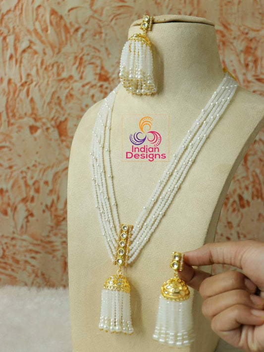 Pink beads long jhumka necklace |multi stranded rani haar indian bollywood necklace and jhumka earrings |wedding party jewelry |gift for her