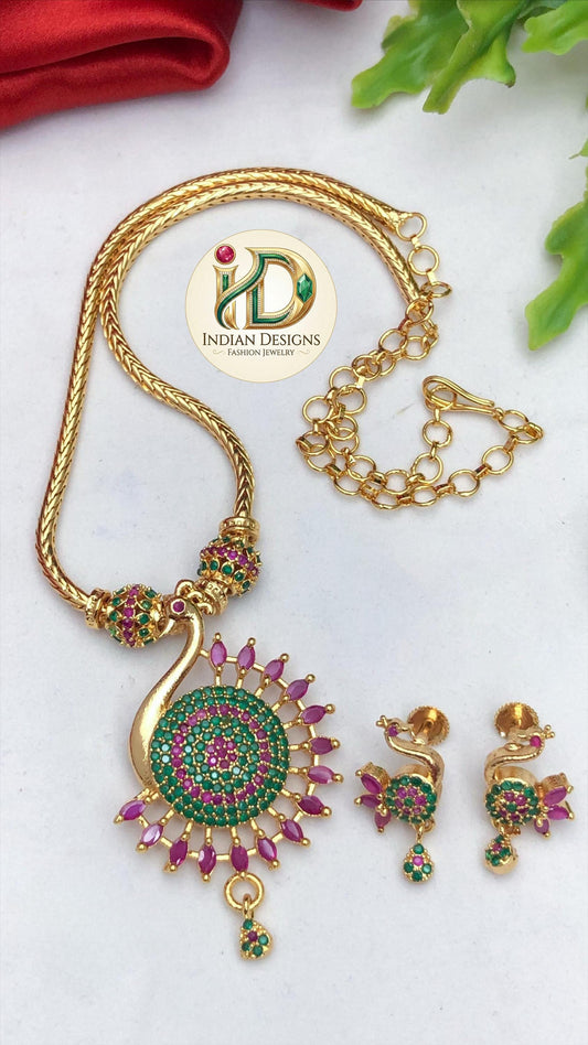 Gold plated peacock necklace set| south indian ad stone jewelry| traditional ruby emerald white pendant| simple bollywood wedding gift