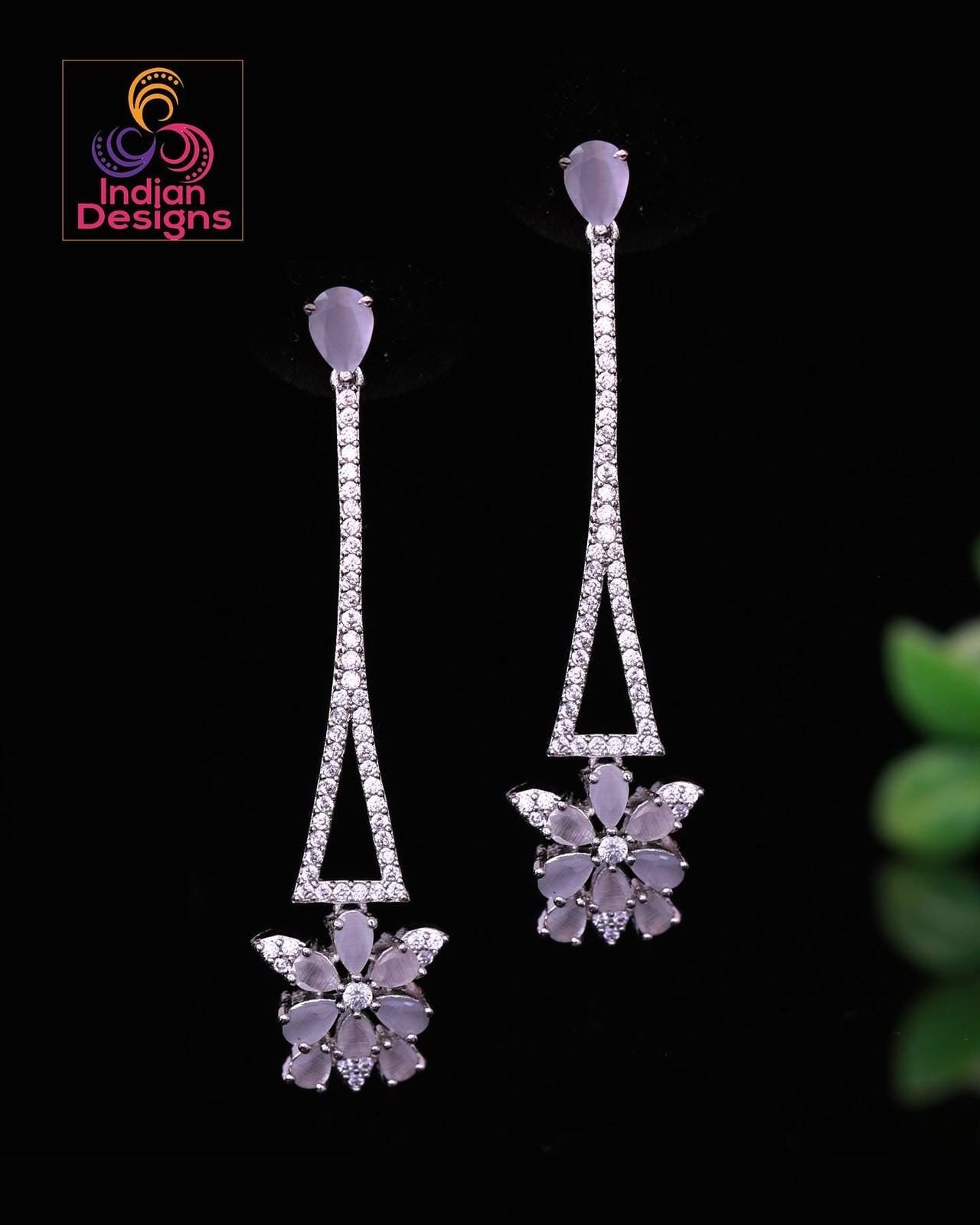 American Diamond CZ crystal Long Minimalist Floral Earrings