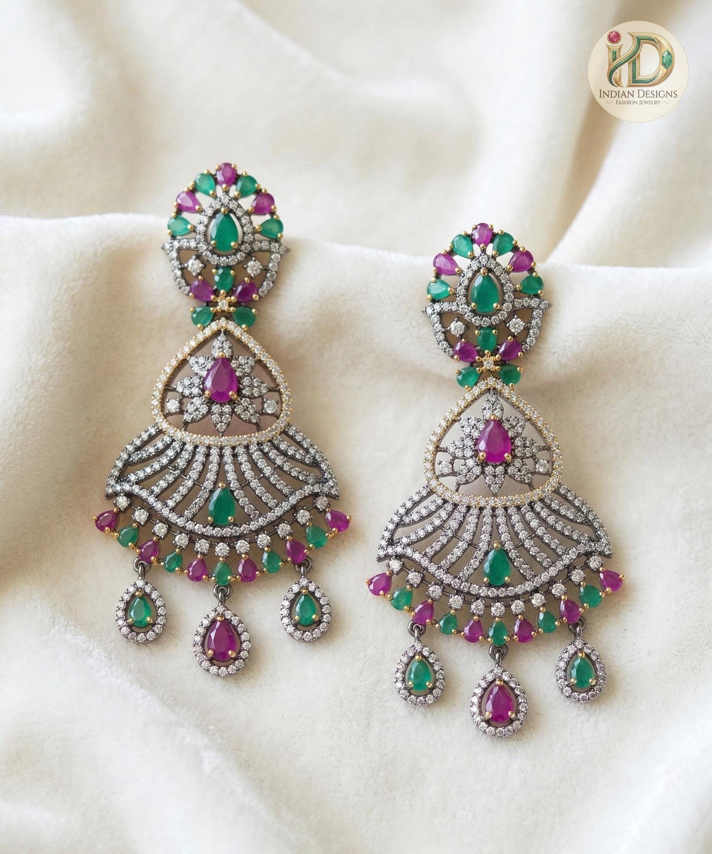 Two Tone Silver Golden Plated Antique Finish Oxidized Earrings with Clear Stones