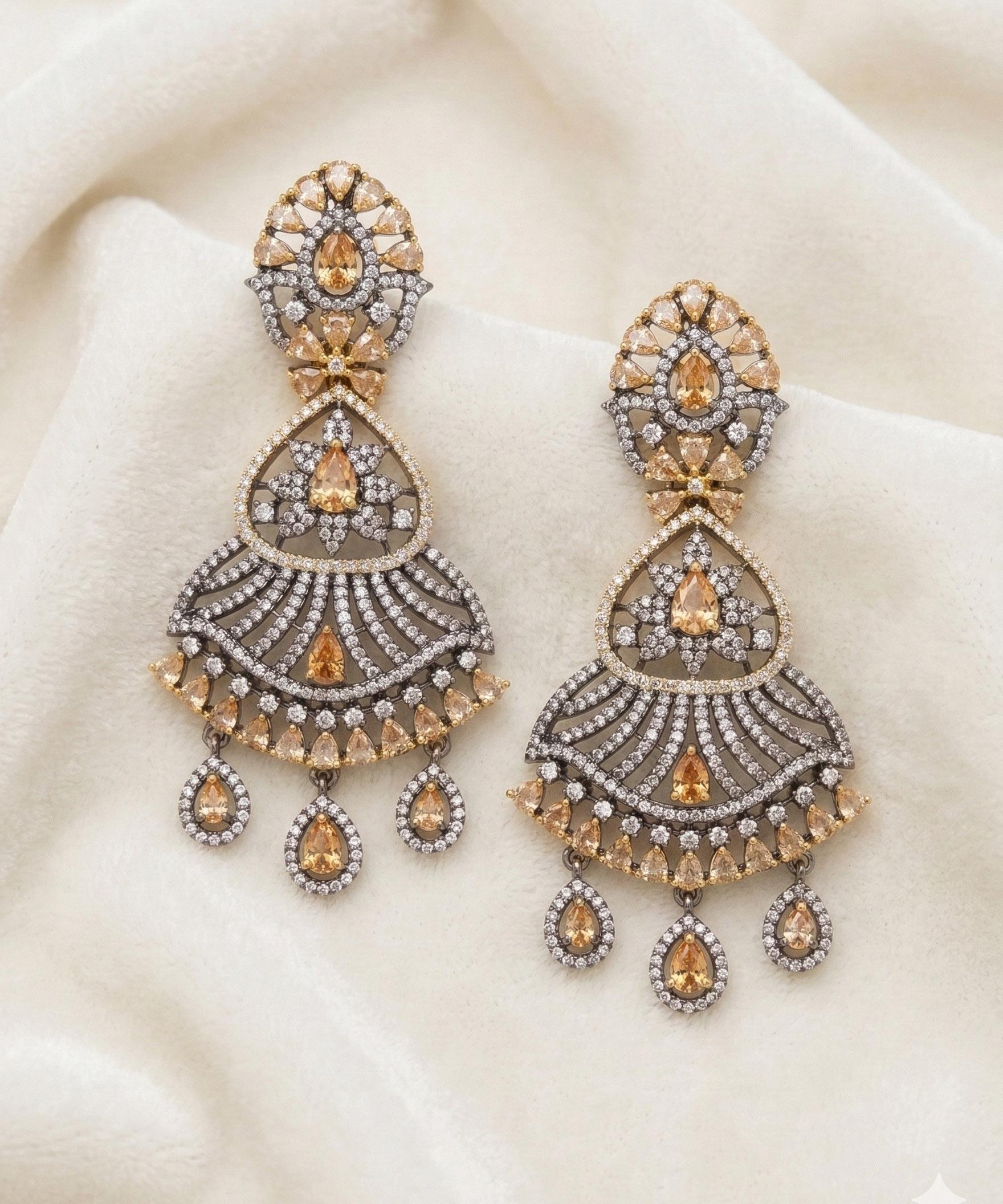 Two Tone Silver Golden Plated Antique Finish Oxidized Earrings with Clear Stones