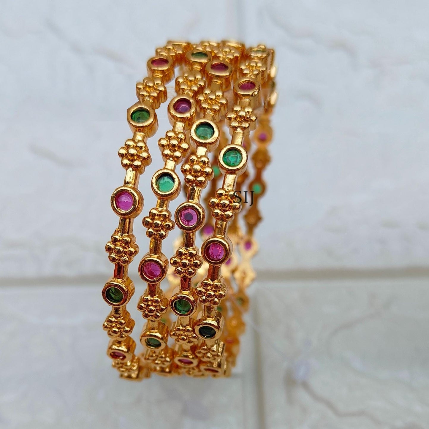 Gold plated bangles with ruby and green stones set of 4| south indian style floral design bangles| daily-wear bangles| stylish gift for her