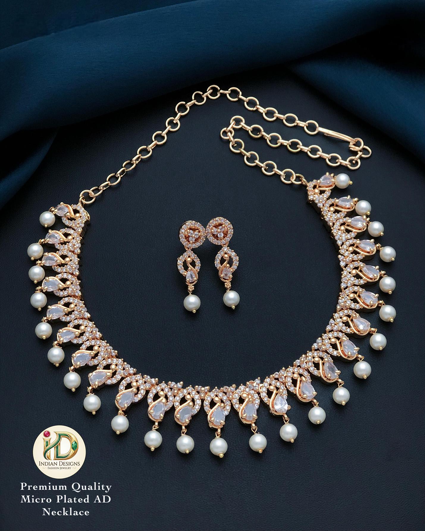CZ Pearl Choker Necklace Set for Women| Gold Plated AD Stones| Indian Wedding Jewelry with Earrings| Party Wear Bridal Necklace USA