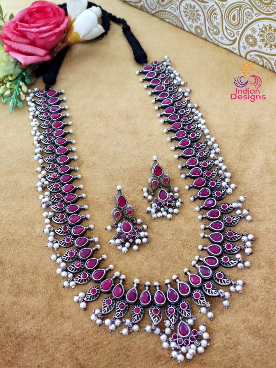 Oxidized long necklace set | german silver indian oxidized necklace pearl earrings | boho jewelry | pakistani long oxidized jewelry necklace
