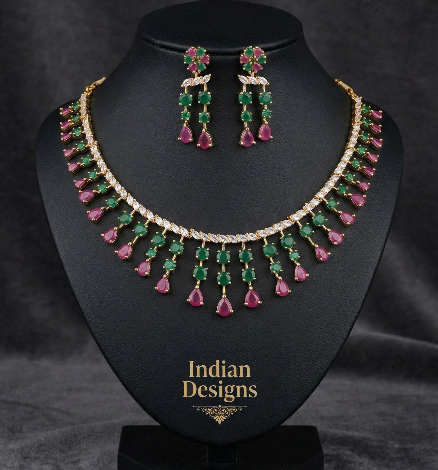 American Diamond Green Ruby CZ Bridal Jewelry| Gold Plated Indian Wedding Necklace & Earrings| Statement Ethnic Jewelry USA| Gift for her
