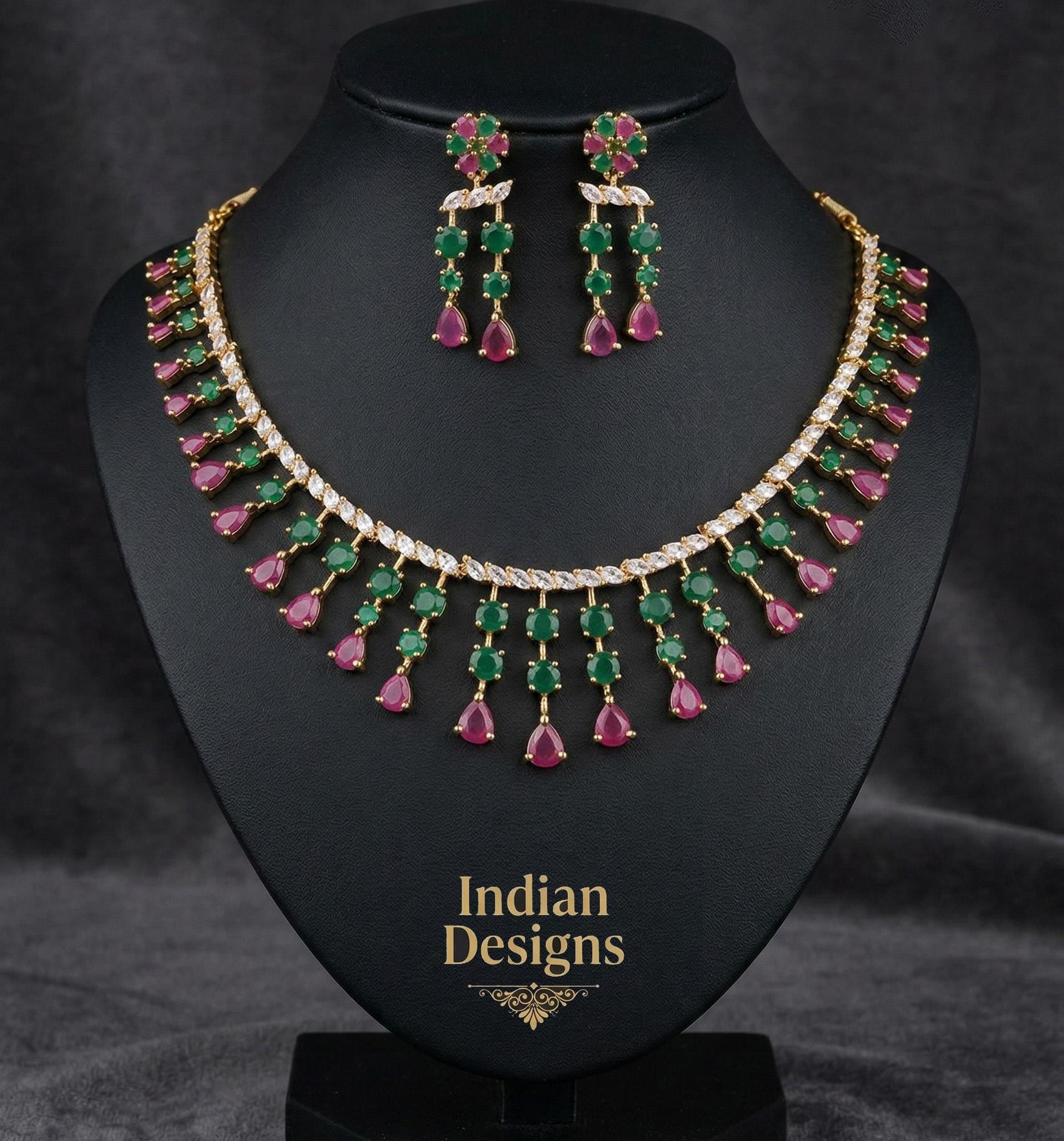 American Diamond Green Ruby CZ Bridal Jewelry| Gold Plated Indian Wedding Necklace & Earrings| Statement Ethnic Jewelry USA| Gift for her
