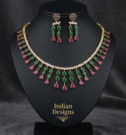 American Diamond Green Ruby CZ Bridal Jewelry| Gold Plated Indian Wedding Necklace & Earrings| Statement Ethnic Jewelry USA| Gift for her