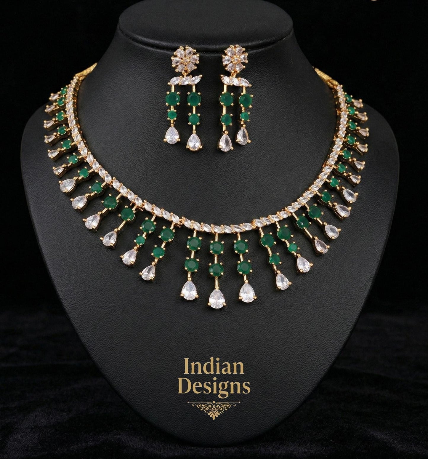 American Diamond Green Ruby CZ Bridal Jewelry| Gold Plated Indian Wedding Necklace & Earrings| Statement Ethnic Jewelry USA| Gift for her