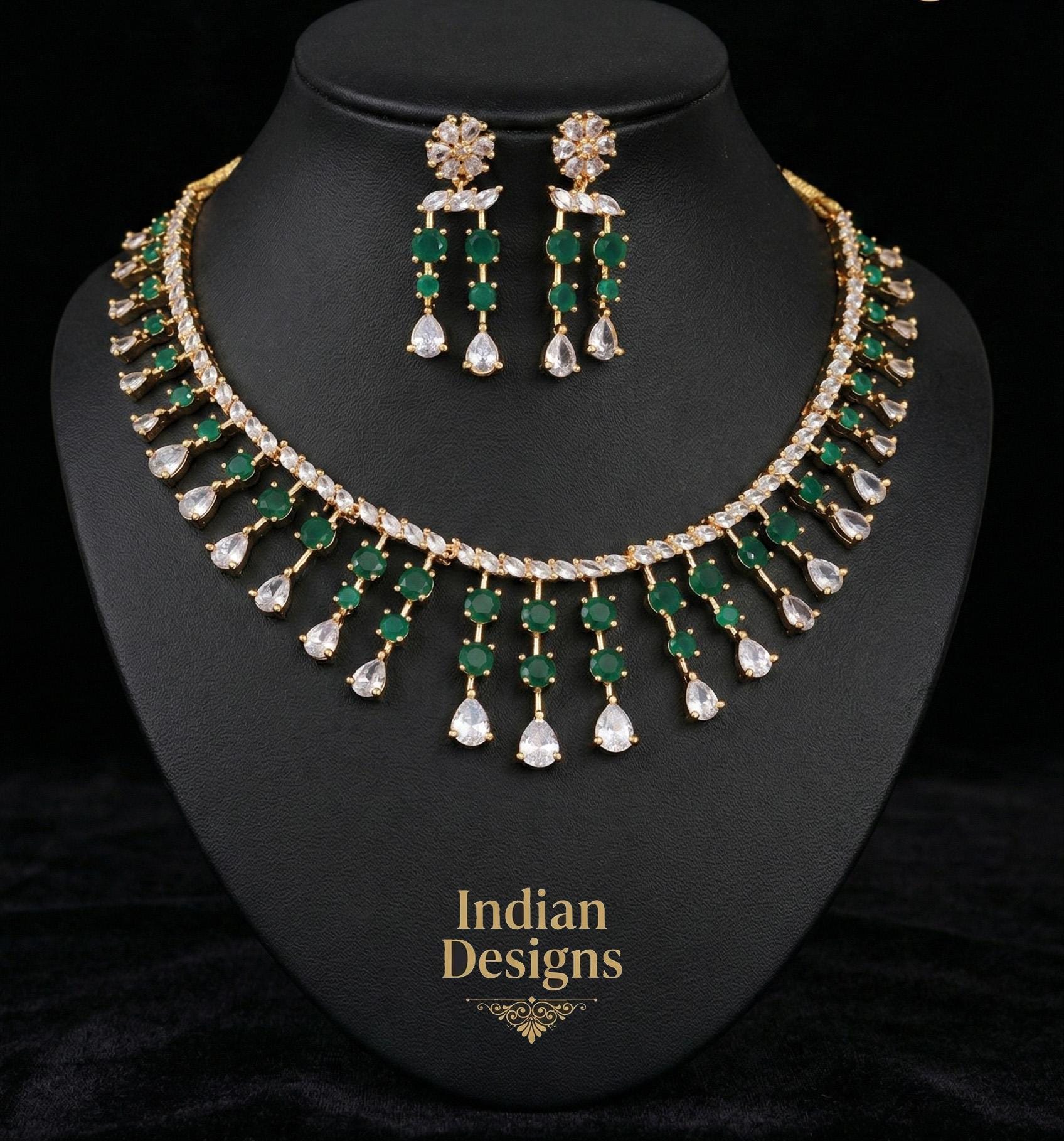 American Diamond Green Ruby CZ Bridal Jewelry| Gold Plated Indian Wedding Necklace & Earrings| Statement Ethnic Jewelry USA| Gift for her