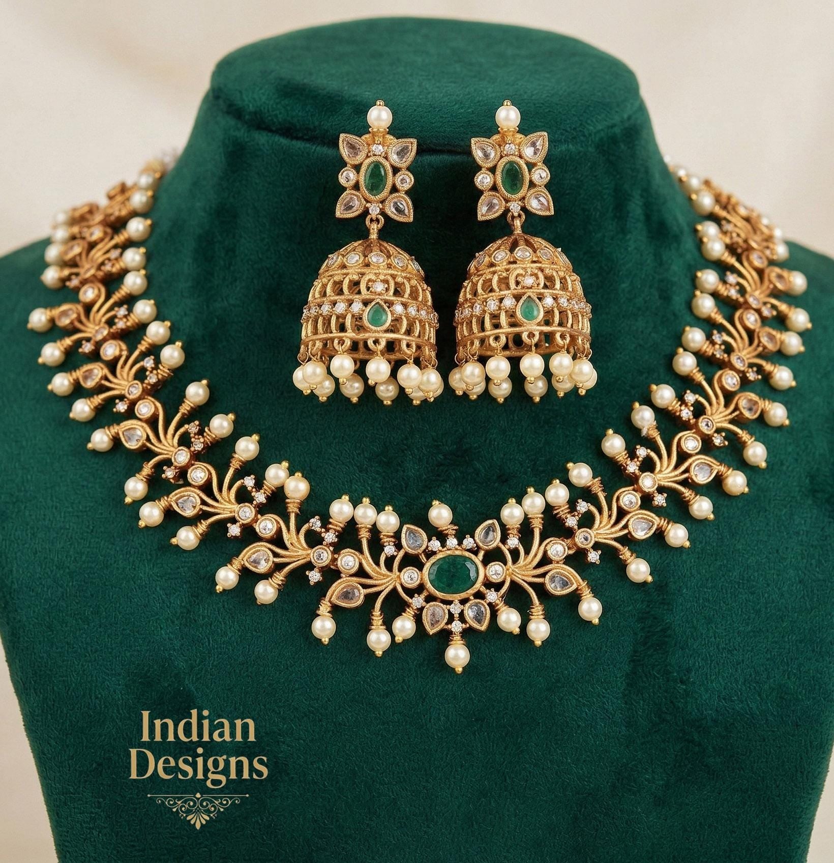 Matte Gold Temple Jewelry Set| Ruby or Emerald Indian Necklace and Jhumka Earrings| Antique South Indian Choker| Guttapusalu Jewelry