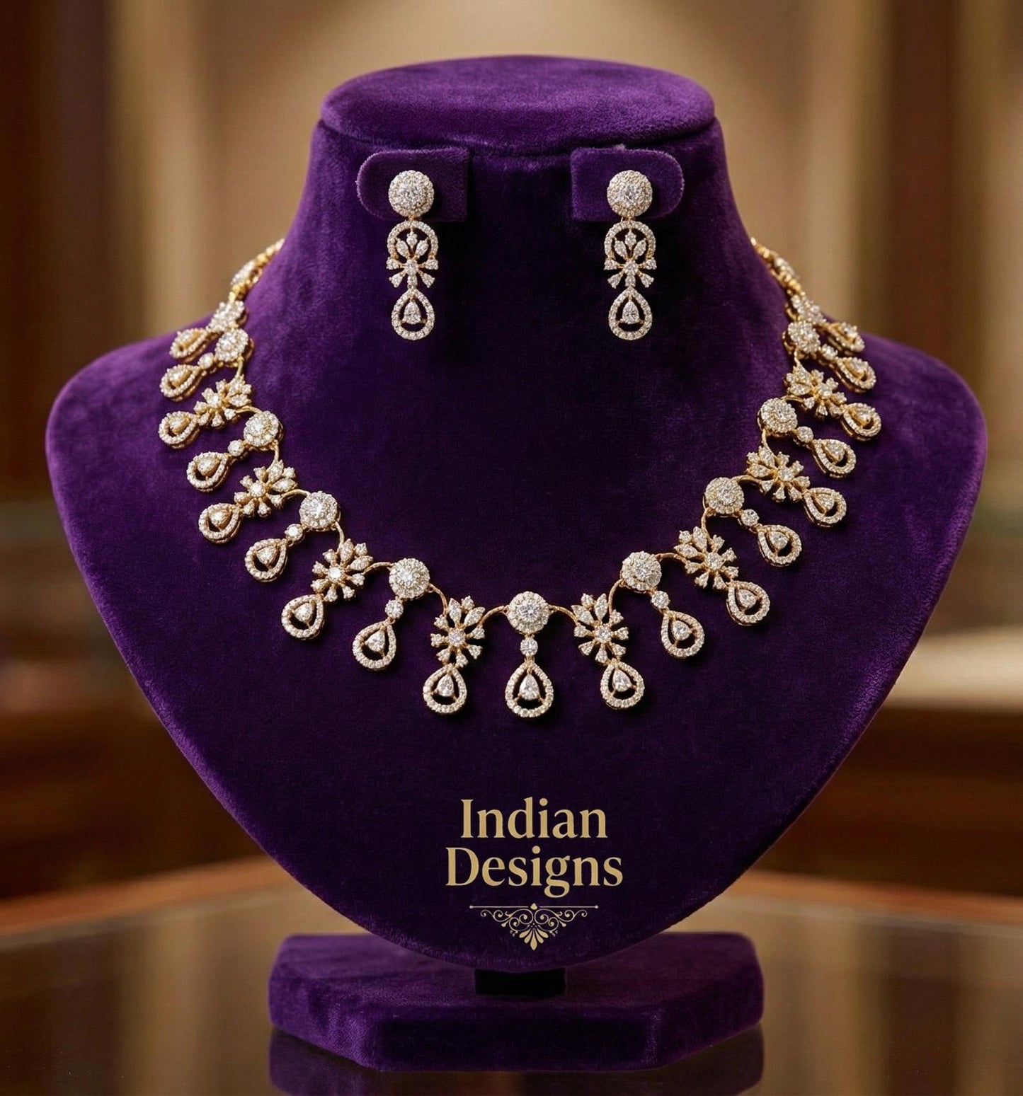 Gold Plated American Diamond Choker Necklace & Earring Set| Indian Style Wedding Bridal Jewelry| Women's statement Necklace| Gift for Her