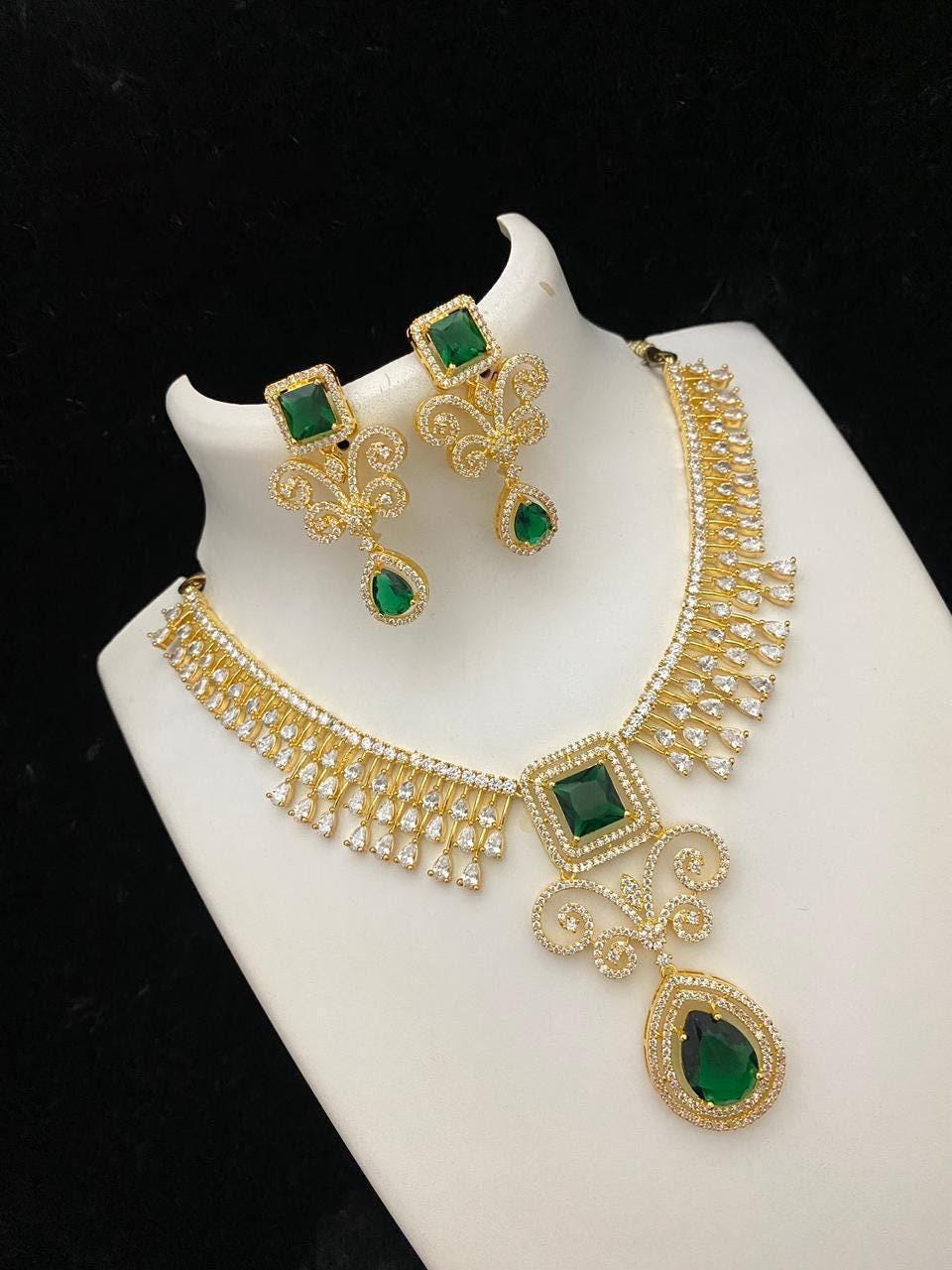 American diamond necklace set with earrings| square & teardrop pendant| ruby/green/white cz gold plated indian wedding jewelry| gift for her