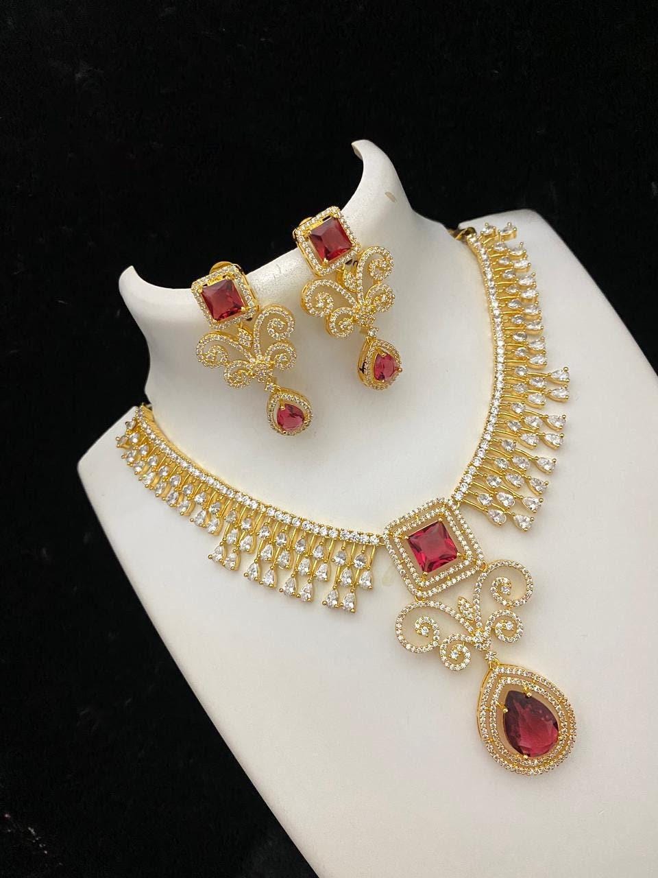 American diamond necklace set with earrings| square & teardrop pendant| ruby/green/white cz gold plated indian wedding jewelry| gift for her