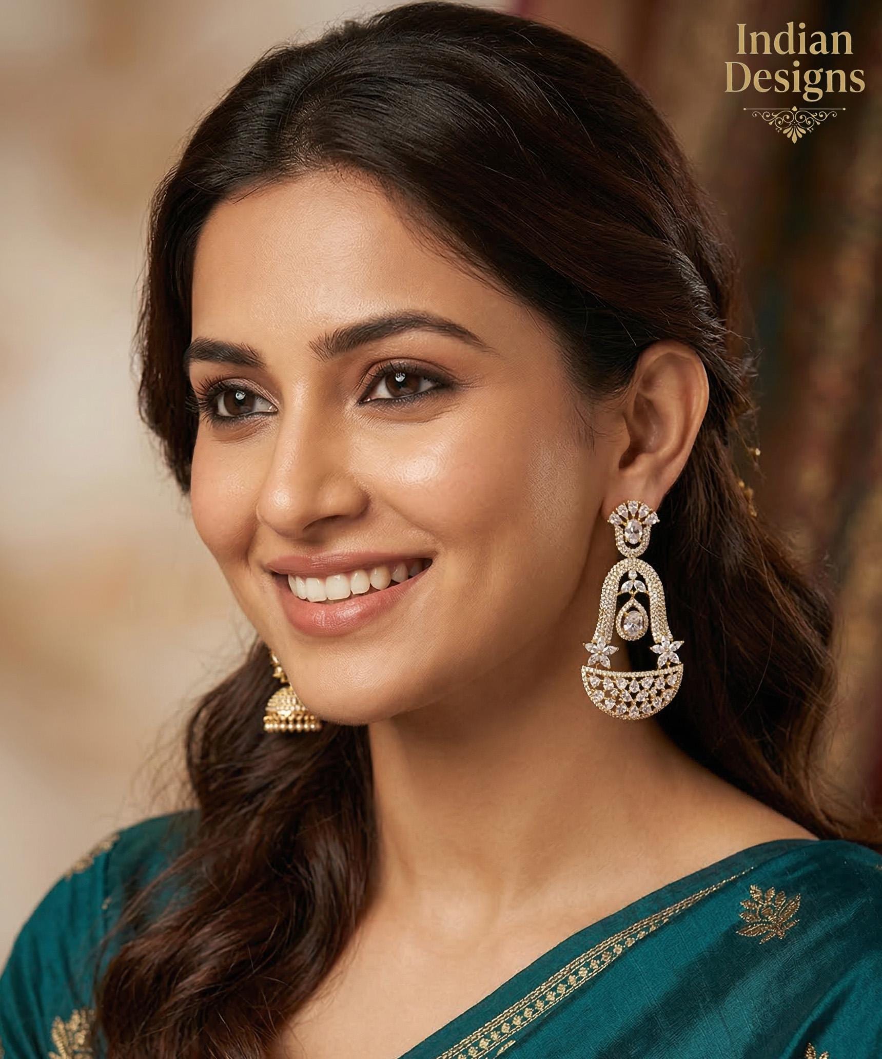 Gold tone Crystal chandelier earrings| Bollywood Statement Earrings| American Diamond Chandbali| Indian CZ Bell Drop Earrings| Gift for her