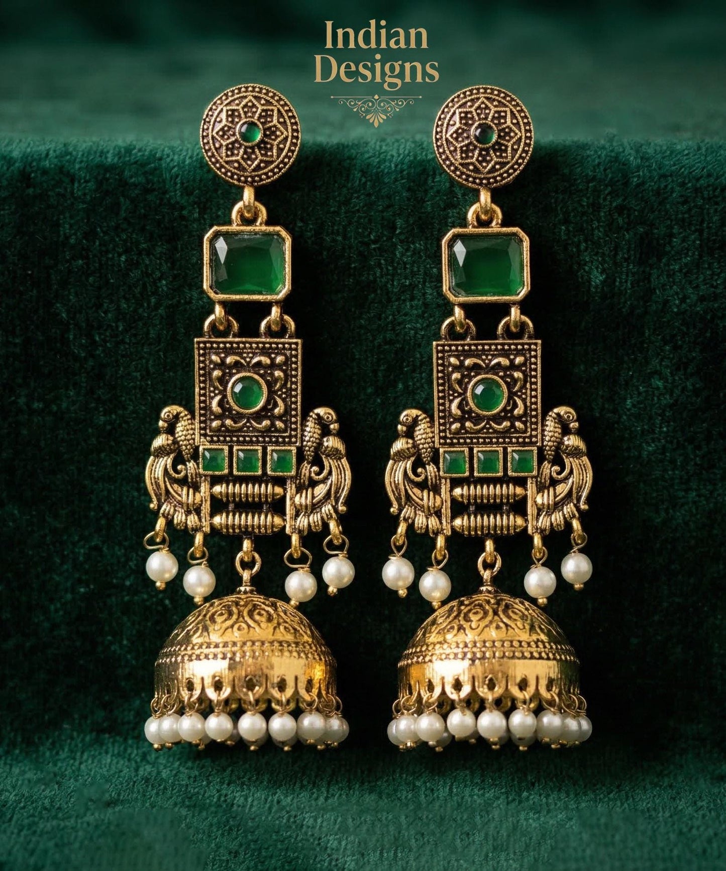 Antique Gold long Jhumka Earrings| temple style pearl drop stone earrings| traditional traditional indian wedding jewelry| Baby Pink & Green