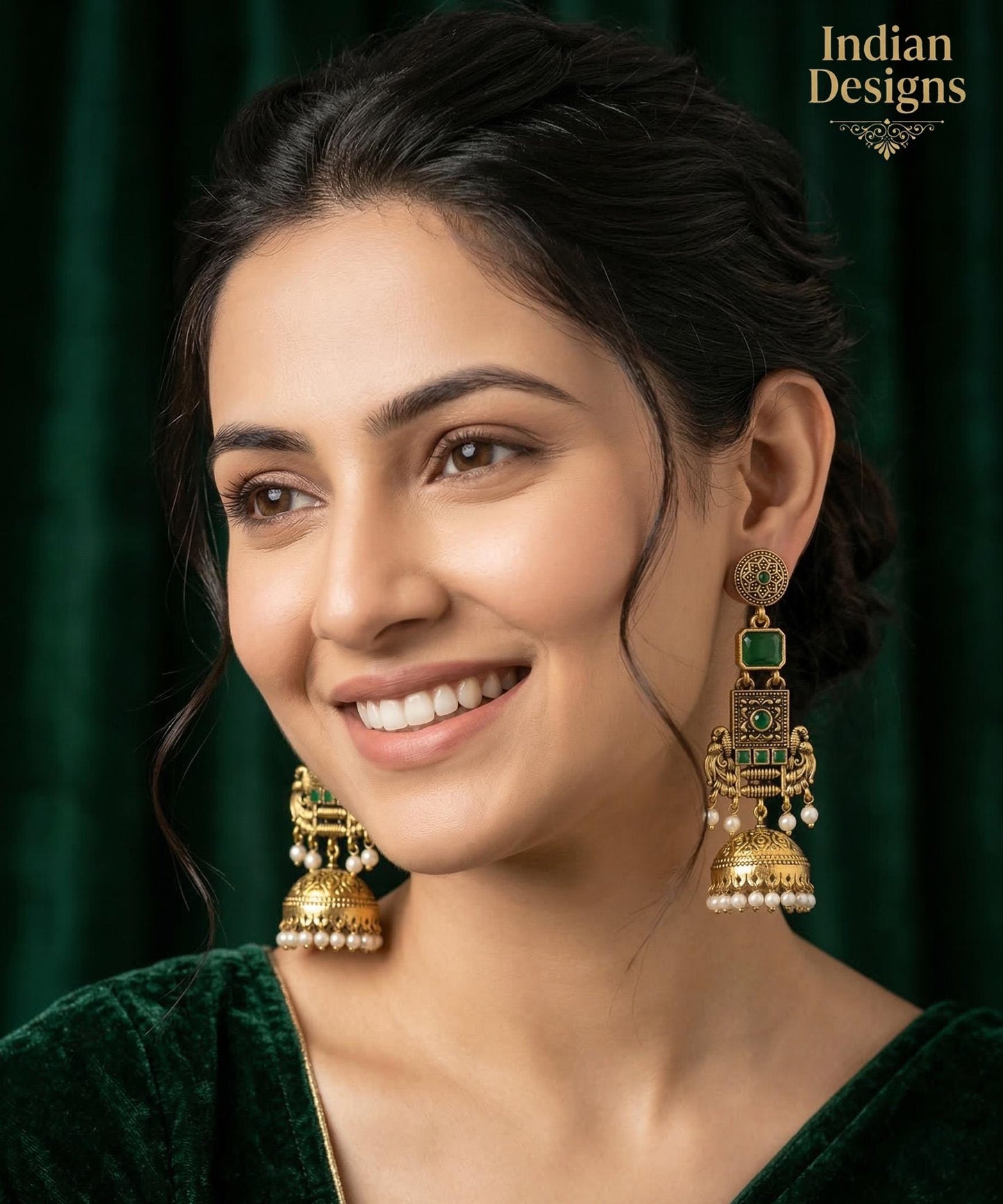 Antique Gold long Jhumka Earrings| temple style pearl drop stone earrings| traditional traditional indian wedding jewelry| Baby Pink & Green