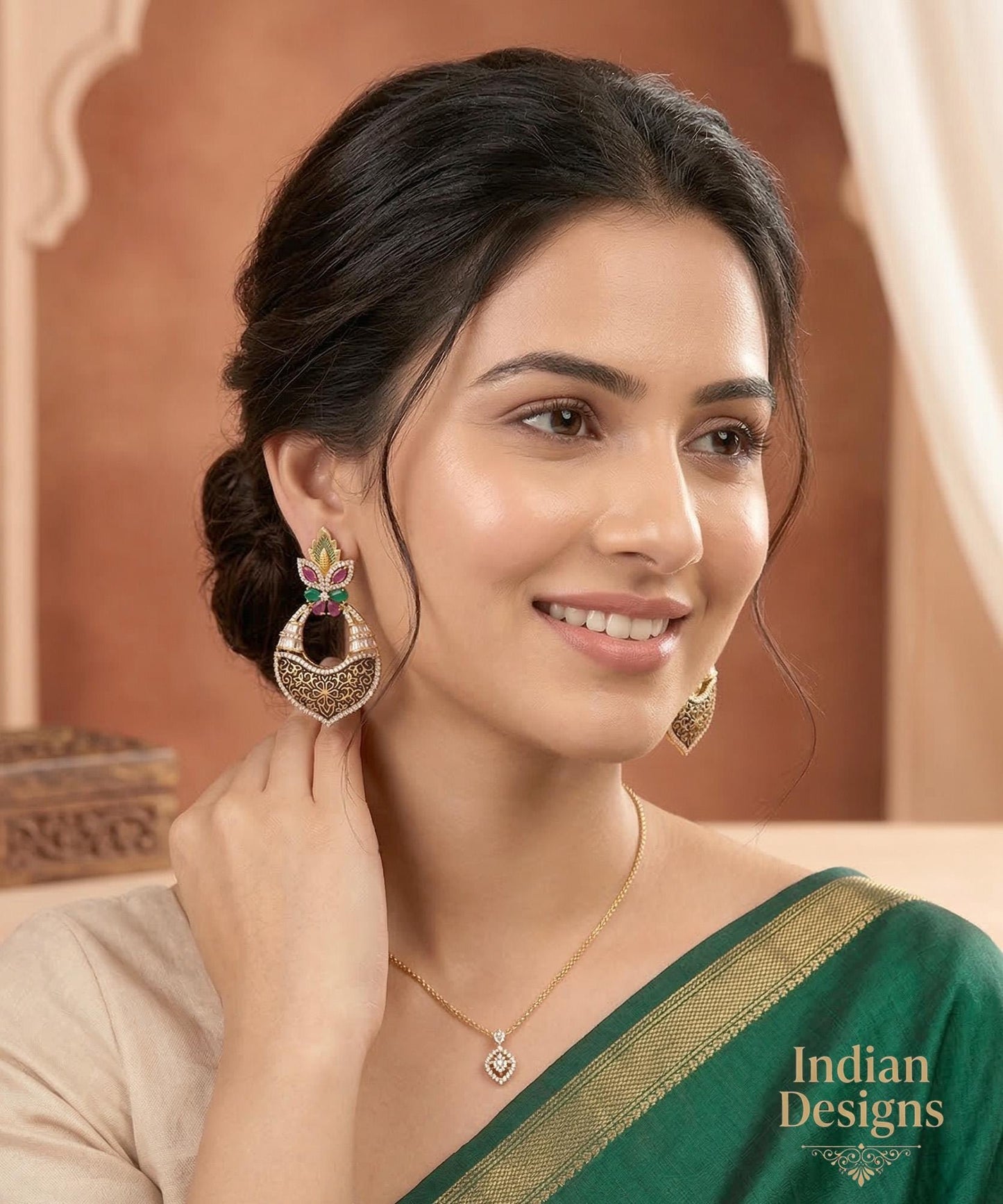 Antique Gold Chandbali Earrings| Indian Nakshi Fusion Jhumka| Ruby Emerald Statement Earrings| Bollywood Party Wear Earrings| Gift for her
